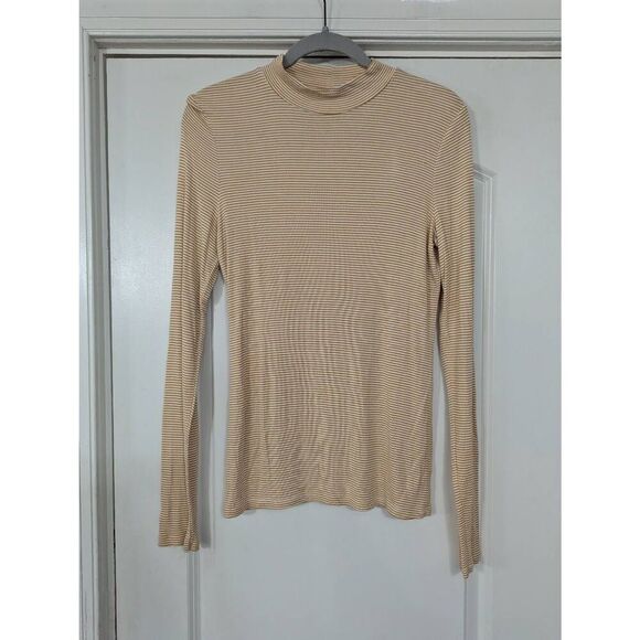 Anthropologie Pure is Good Mock Neck Striped‎ Shirt women's neutral tan ribbed - Picture 2 of 7